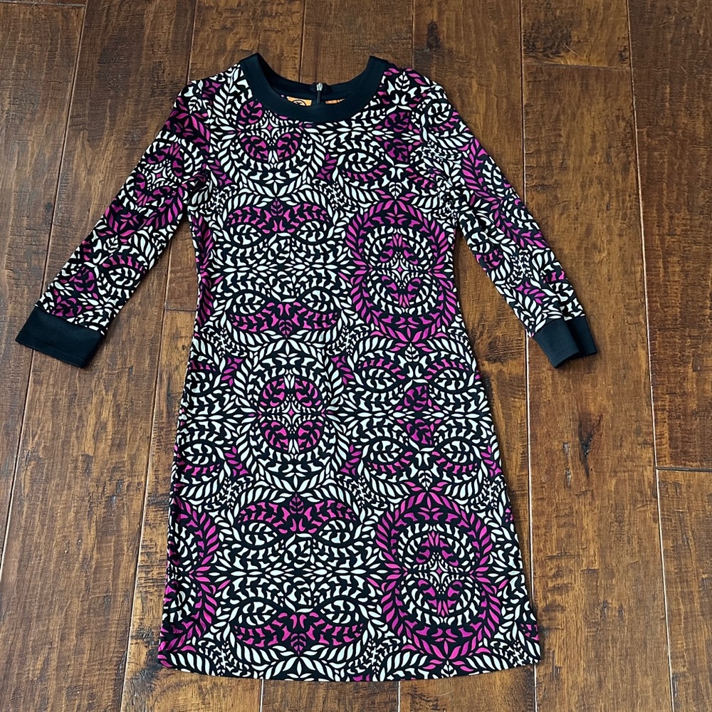 Tory Burch Silk Knee Length Black and Pink Patterned Dress Size Medium